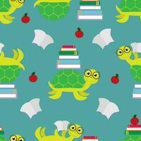 Vector seamless pattern with turtles reading books in cartoon style. Back to school print template