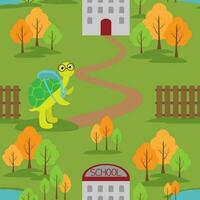 Vector seamless pattern with turtle cartoon character going to school in autumn season. Back to school background