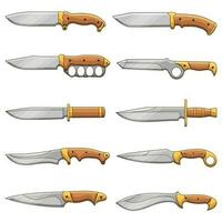 Bundle of various types of knives and daggers, doodle line art vector