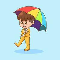 ilustración de linda chibi chico vistiendo arco iris temática impermeable y paraguas, contento sonriente cara vector