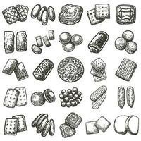 line art of various kinds of snack cakes, bundle set items, free vector