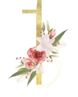 Alphabet and numbers gold watercolor, Wedding flower letter png