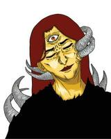 Illustration of a smiling woman with three eyes and six horns with creepy face vector