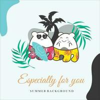 A poster for summer background with cute doodle animals in hawaiian costume vector