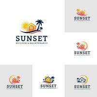 Set of House on the beach logo template, Creative House logo design vector, Sun logo concepts vector