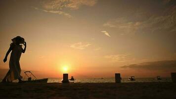 femme dans grand Soleil chapeau en marchant le long de Marina rive video