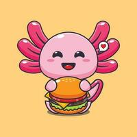 axolotl with burger cartoon vector illustration.