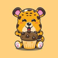 leopard with cup cake cartoon vector illustration.