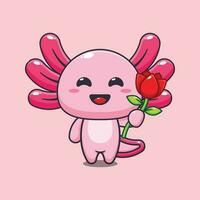 axolotl holding rose flower cartoon vector illustration.