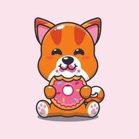 cat eating donut cartoon vector illustration.