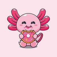 axolotl eating donut cartoon vector illustration.