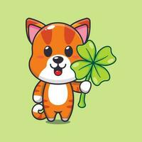 cat with clover leaf cartoon vector illustration.