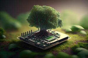 ai generado árbol en un computadora chip en naturaleza antecedentes. foto