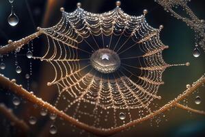 ai generado araña web con Rocío gotas. el delicado hebras de un de araña web adornado con minúsculo gotas de Rocío hacer para un maravilloso macro imagen foto