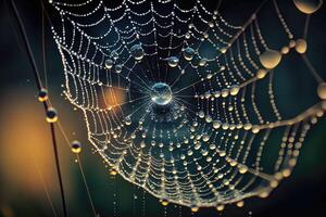 ai generado araña web con Rocío gotas. el delicado hebras de un de araña web adornado con minúsculo gotas de Rocío hacer para un maravilloso macro imagen foto