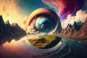 Fantastical planet with swirling clouds colorful landscapes background. photo