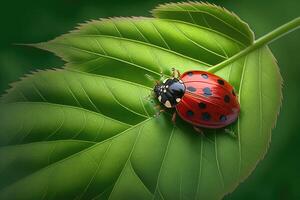 ai generado mariquita en un hoja. el brillante rojo y negro polca puntos de el mariquita contraste hermosamente en contra el verde hoja antecedentes. foto