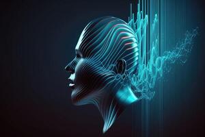 3D digital human face in abstract sound data wave flow. Futuristic had on blue background. Metaverse concept. photo