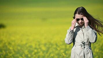 Jeune fille portant gris manteau en mettant sur des lunettes de soleil souriant et à la recherche autour vaste les terres agricoles paysage. video