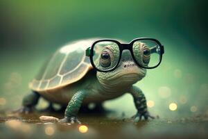 Cute little turtle wears glasses. photo