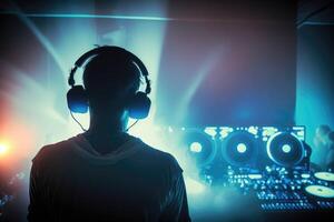 DJ entertainment at a party nightclub in the neon light. photo