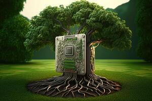 Tree on a computer chip in nature background. photo