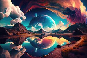 Fantastical planet with swirling clouds colorful landscapes background. photo