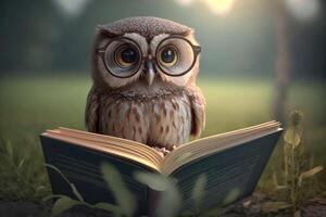 ai generado linda pequeño búho usa lentes leer un libro foto