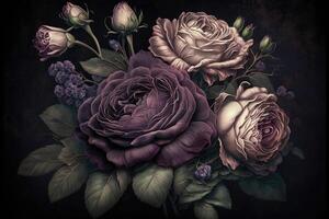 Vintage Classic deep violet rose bouquet on dark tone. photo