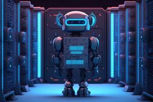 3D cute robot in data center and computer servers room blue background. photo