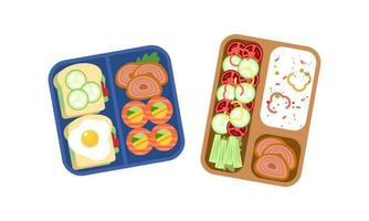 Lunchbox containers with bright content. Lunch Concept vector