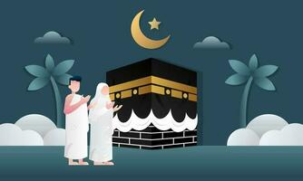 Islamic pilgrimage praying for hajj mabroor illustration vector