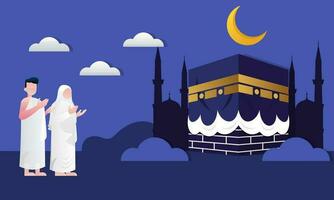 Islamic pilgrimage praying for hajj mabroor illustration vector