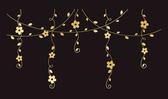 Gold vines with flowers vector illustration. Simple minimal golden floral botanical curtain design elements for spring.