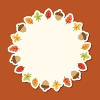 Round Autumn Frame with leaves and acorns. Wreath of fall elements, Halloween, Thanksgiving border template. Vector illustration.