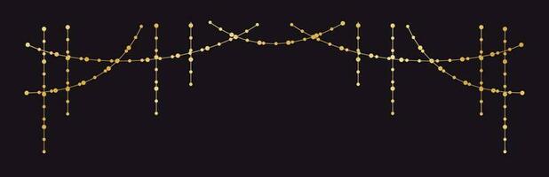 Vector horizontal border of abstract gold string light garlands. Festive decoration with shiny Christmas lights. Glowing bulbs of the different sizes.