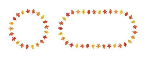 Autumn leaves round frame set. Wreath of fall elements, Halloween, Thanksgiving border template. Vector illustration.