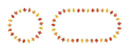 Autumn leaves round frame set. Wreath of fall elements, Halloween, Thanksgiving border template. Vector illustration.