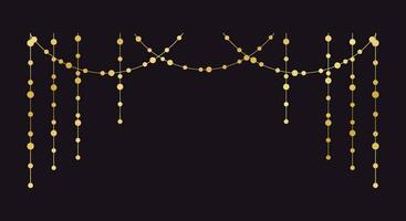 Vector horizontal border of abstract gold string light garlands. Festive decoration with shiny Christmas lights. Glowing bulbs of the different sizes.