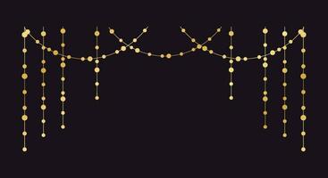 Vector horizontal border of abstract gold string light garlands. Festive decoration with shiny Christmas lights. Glowing bulbs of the different sizes.