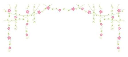 Hanging vines with pink flowers vector illustration. Simple minimal floral botanical vine curtain design elements for spring.