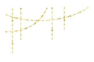 Vector horizontal border of abstract gold string light garlands. Festive decoration with shiny Christmas lights. Glowing bulbs of the different sizes.