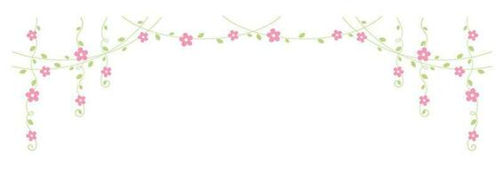 Hanging vines with pink flowers vector illustration. Simple minimal floral botanical vine curtain design elements for spring.