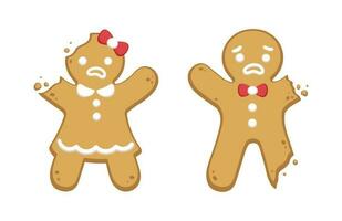 Set of gingerbread man and woman sweet cookies with bite clipart. Holiday winter Christmas symbols. Vector illustration.