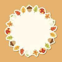 Round Autumn Frame with leaves, pumpkin and acorns. Wreath of fall elements, Halloween, Thanksgiving border template. Vector illustration.