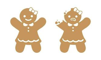 Sad gingerbread girl whole and with bite crumbs. Christmas icon. Vector. Holiday winter symbols flat design. vector