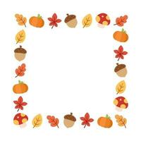 Autumn square frame with with leaves, pumpkins and acorns. Modern vector illustration. Halloween, Thanksgiving border template.