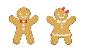 Holiday gingerbread of snowman, smiling girl in dress and boy with bow and buttons. Happy New Year decoration in flat style isolated on white vector