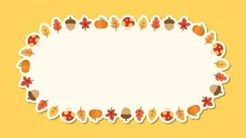 Autumn frame with leaves, pumpkin and acorn. Wreath of fall elements, Halloween, Thanksgiving border template. Vector illustration.