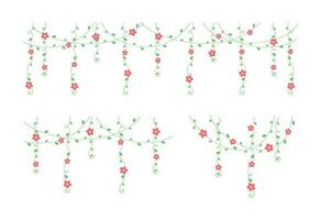 Vines with red flowers hanging vine curtain design, botanical elements vector illustration set